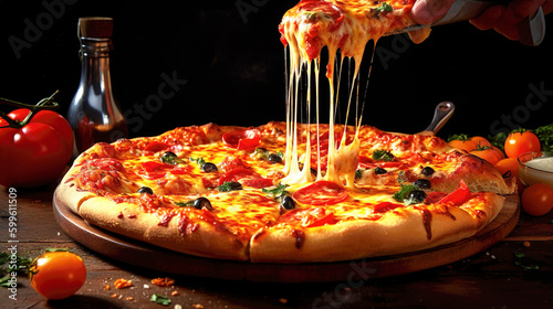 Pizza with mozzarella, tomatoes and basil on wooden background. Generative ai