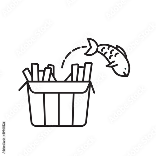 Fish jumping out of chips box vector line icon for Fish And Chips Day on June 4