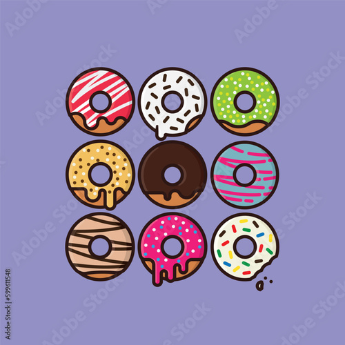 Fototapeta Naklejka Na Ścianę i Meble -  Variety of donuts vector illustration for Doughnut Day on June 2nd