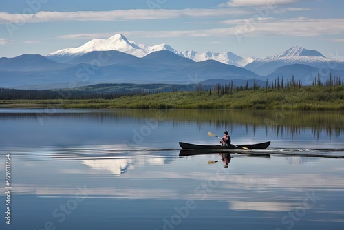 canoeist paddling on still lake, with view of distant mountains, created with generative ai