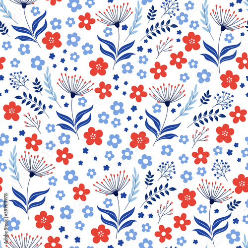 Floral seamless pattern. Cute botanical print, blooming summer meadow illustration with flowers on white background. Great for nursery design, textile, fabric