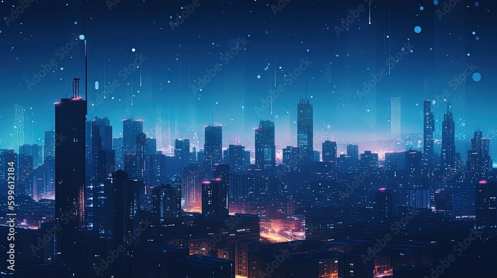 Fototapeta premium Backdrop image with the silhouette of cityscape and stars in the sky in blue colors. Generative AI