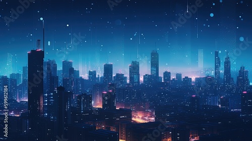 Wallpaper Mural Backdrop image with the silhouette of cityscape and stars in the sky in blue colors. Generative AI Torontodigital.ca