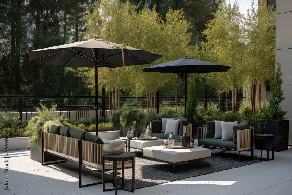 Fototapeta premium modern outdoor seating area with sleek and comfortable chairs and stylish umbrellas, created with generative ai
