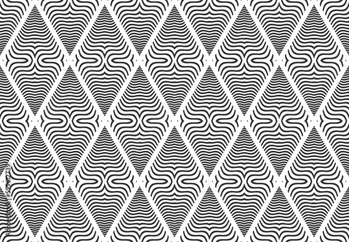 Seamless Geometric Diamonds Pattern. Striped Wavy Lines Black and White Texture.