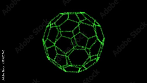 3D green polyhedral ball on black backdrop. Object consisting of flickering particles. Science tutorial concept. Abstract backdrop for logo, title, presentation. 3D animation
