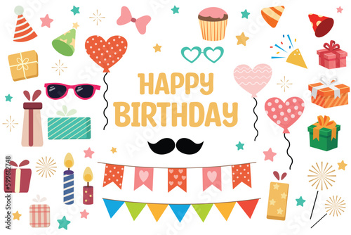 Isolated carnival photo booth party set with masks of various vectors. Props set for birthday party. Happy birthday.