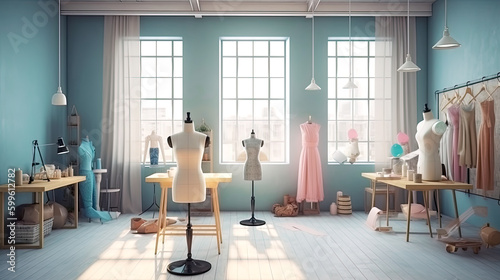 Bright atelier studio with various sewing items, fabrics and mannequins standing. Generative AI