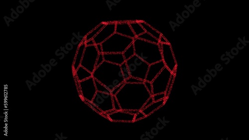 3D red polyhedral ball on black backdrop. Object consisting of flickering particles. Science tutorial concept. Abstract backdrop for logo, title, presentation. 3D animation