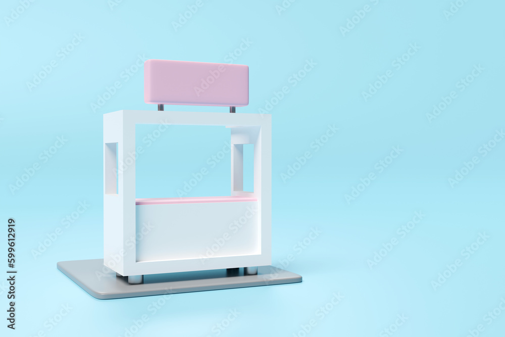 3d booth shop icon or pink white empty retail store front with shop sign isolated on blue background. startup franchise business concept, 3d render illustration, clipping path