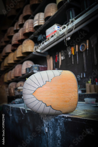 Traditional Turkish folk music instrument baglamas are in the making process, unfinished baglama instruments.