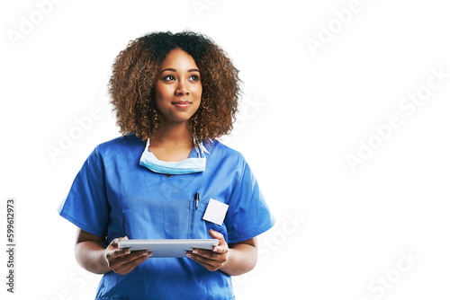 healthcare, nurse and black woman smiling with technology for idea or isolated on a transparent png background. Female, medical physician and mobile or research and thought for digital checklist photo