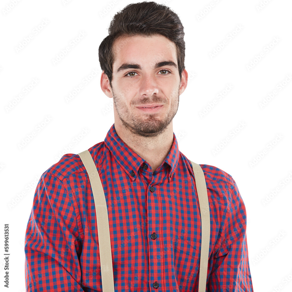 Happiness, portrait of man in nerd style and suspenders isolated on transparent png background. Vintage clothes, geek aesthetic and face of happy male model in flannel shirt, braces and retro fashion Happiness, portrait of man in nerd style and suspenders isolated on transparent png background. Vintage clothes, geek aesthetic and face of happy male model in flannel shirt, braces and retro fashion