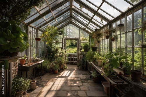 greenhouse with view of the surrounding nature  full of greenery and plants  created with generative ai