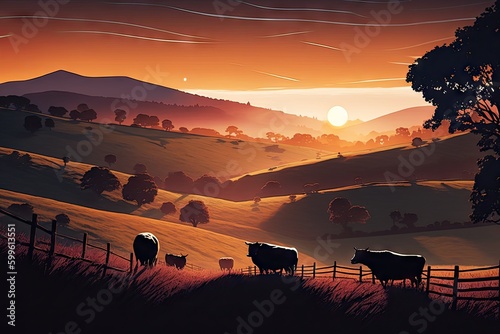 sunset over rolling hills, with cows grazing in the distance, created with generative ai © Alfazet Chronicles