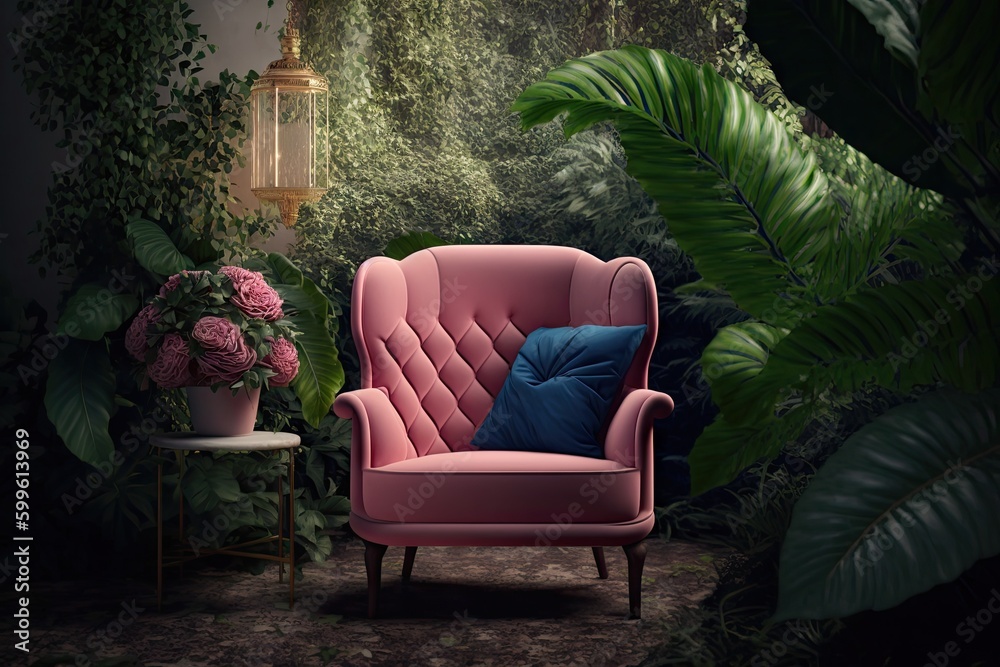 a pink armchair surrounded by greenery in a serene garden setting, created with generative ai