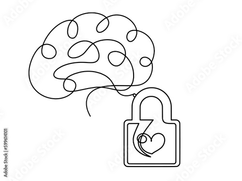 Abstract heart-lock with brain as continuous line drawing on white background
