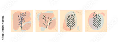 Set of abstract foliage wall art. Leaves, organic shapes, leaf branch, tree in vector line art style. Decoration collection design for interior, poster, cover, banner.