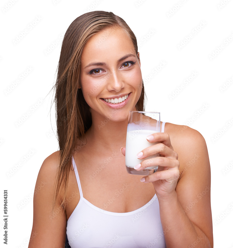 Portrait, smile and woman with milk in glass or female model on organic dairy or breakfast and isolated on transparent png background. Calcium, beverage and wellness for strong teeth or healthy diet Portrait, smile and woman with milk in glass or female model on organic dairy or breakfast and isolated on transparent png background. Calcium, beverage and wellness for strong teeth or healthy diet