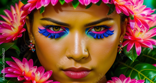 Jeune femme au maquillage original et coloré.Personne fictive créée avec l'IA générative.