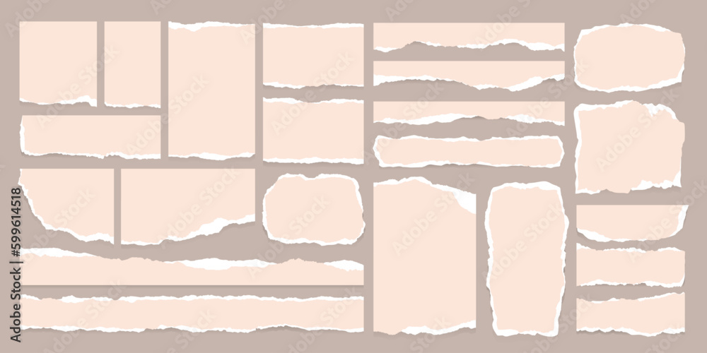 Realistic torn or ripped paper sheets collection for social media background decoration. Notebook scrap, blank office note strip or grunge banner edge vector illustration. Newspaper split clip art.