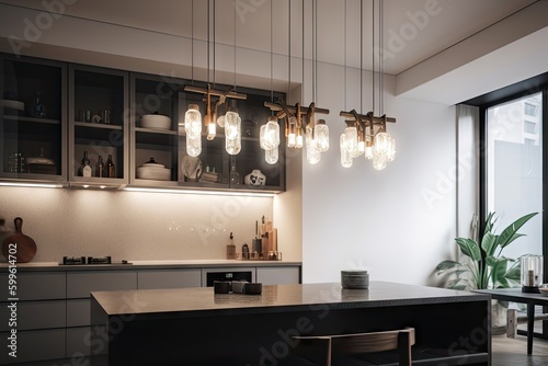 a sleek, contemporary bathroom with a combination of lighting fixtures and lamps, created with generative ai