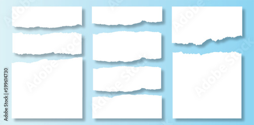 White torn paper sheets, notes with rip edges and page scrap pieces, vector. Torn paper strips, notebook page ripped sheet pieces and paper fragment shreds for notepad message frames