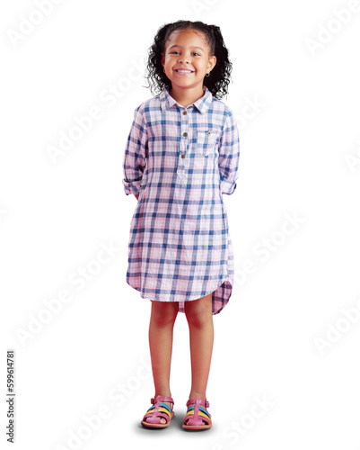 Portrait, children and fashion with a girl on PNG, isolated on a transparent background for youth style. Kids, smile or clothing with a happy, young and adorable female child in casual clothes