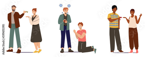 People Take Money, Financial Help, Debt Concept. Female Characters Borrow Money at Husband or Friend begging money for help. white BG. Couple Relations, Friendship. Cartoon People Vector Illustration