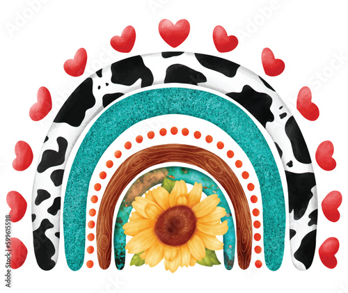 Rainbow Sunflower Western Glitter Turquoise watercolor vector file. cute cartoon vintage style.