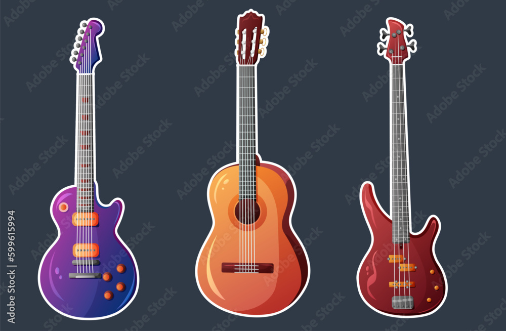 Obraz premium Set of vector guitars. Acoustic guitar, bass guitar, electric guitar. Stickers.
