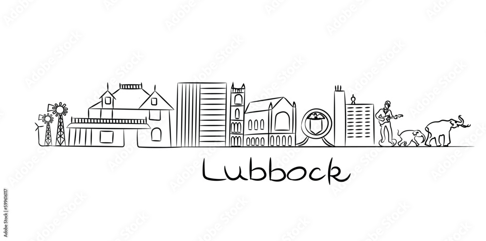Lubbock Texas city skyline doodle outline