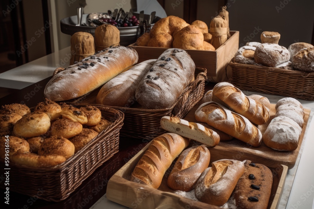 selection of artisan breads, including ciabatta rolls and baguettes, created with generative ai