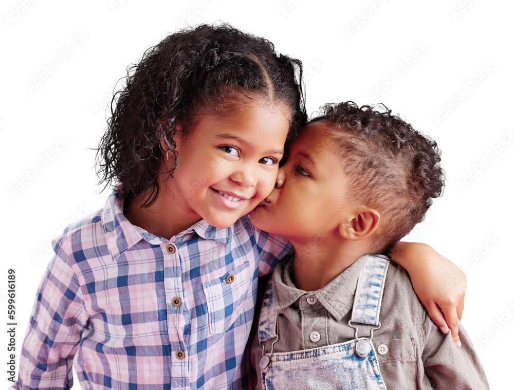 Children, brother and sister siblings kiss on cheek in family portrait with love and care. Kids, hug and smile together with support for boy and girl on an isolated png, transparent background. - obrazy, fototapety, plakaty 