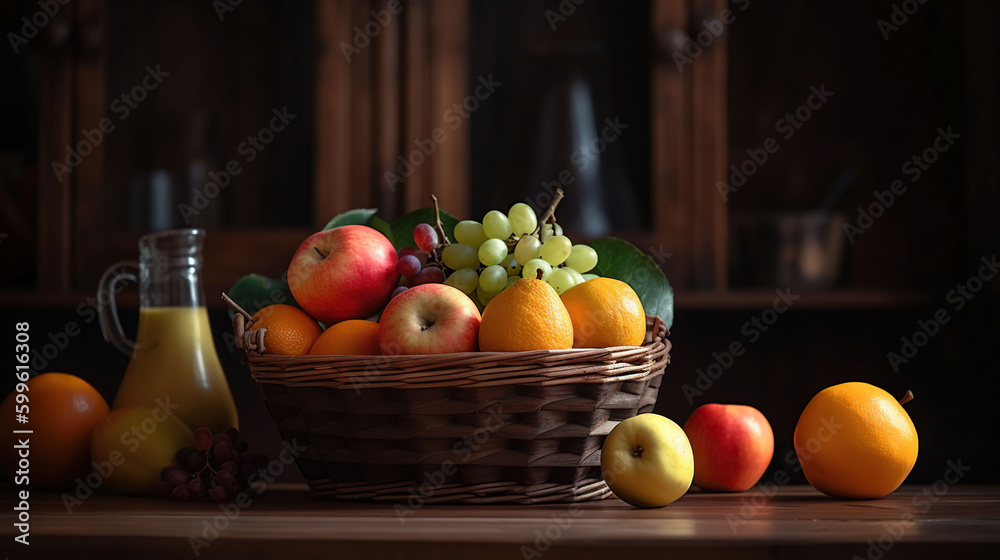 Basket and fresh fruits on wooden table, AI Generative Basket and fresh fruits on wooden table, AI Generative