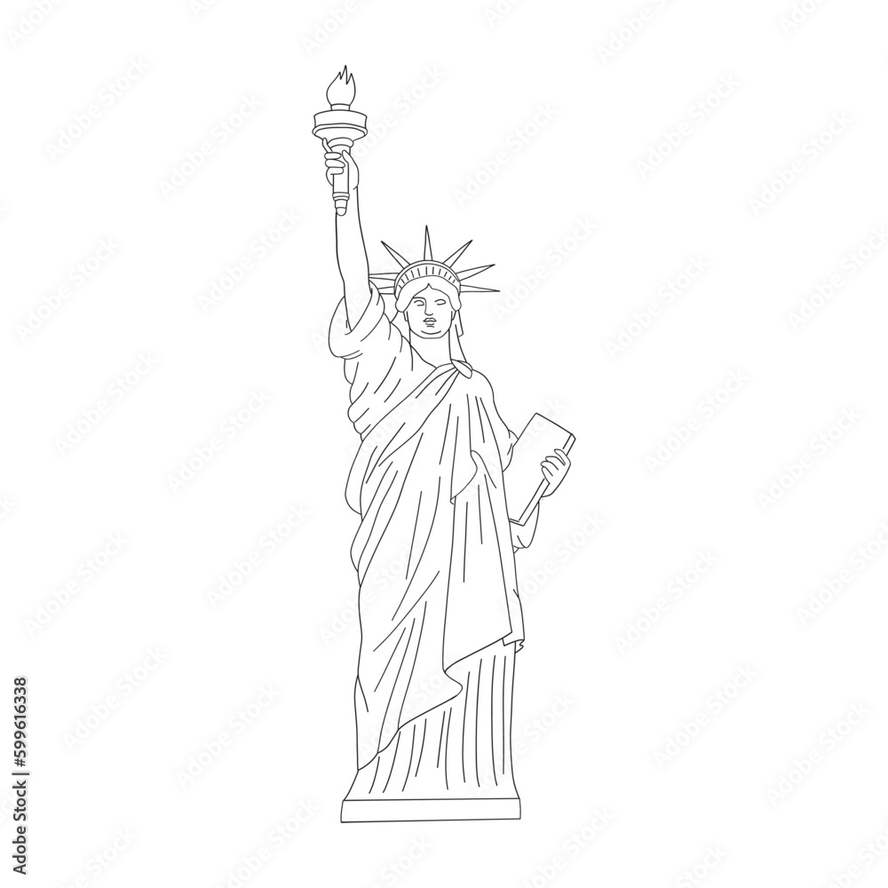 Obraz premium The Statue of Liberty linear vector clip-art isolated on white. Patriotic USA illustration. Symbol of liberty design element