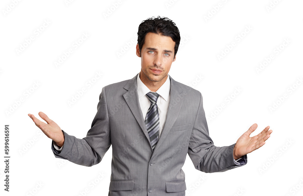 Confused, open arms and portrait of business man on isolated, png and transparent background. Corporate, professional and male entrepreneur with serious, doubt and unsure for decision or choice Confused, open arms and portrait of business man on isolated, png and transparent background. Corporate, professional and male entrepreneur with serious, doubt and unsure for decision or choice