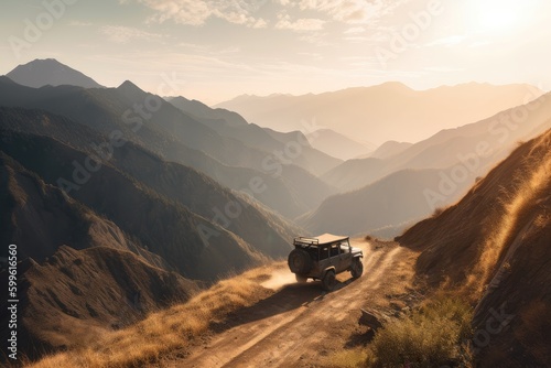 off-road vehicle driving through scenic mountain range, with dramatic scenery in the background, created with generative ai