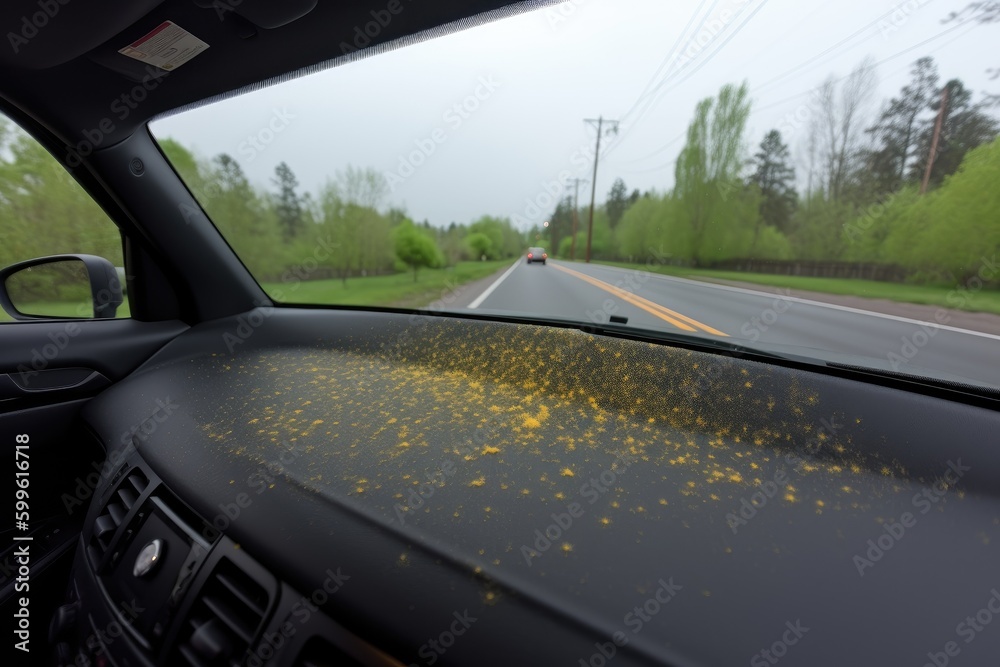 a black car with a blanket of yellow pollen, created with generative ai