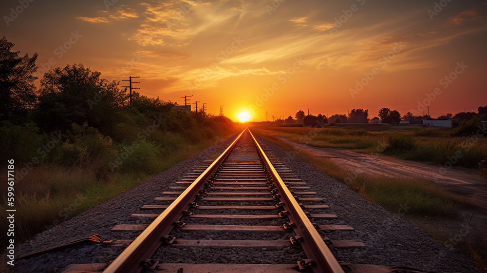 Fototapeta premium Train tracks leading into the sunset. AI Generative