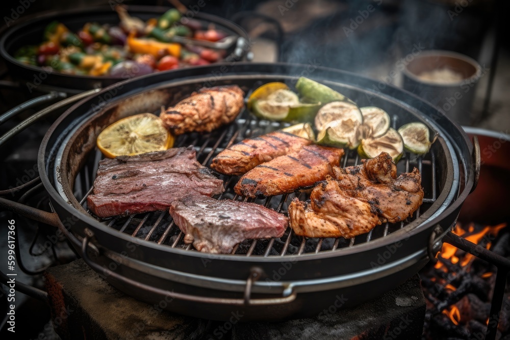 close-up of portable grill smoking and sizzling with juicy and flavorful meats, created with generative ai