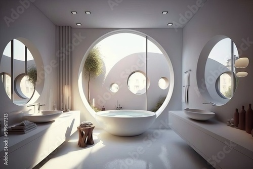 modern circular bathroom, with sleek fixtures and minimalist design, created with generative ai