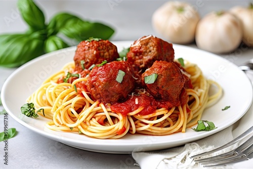 spaghetti and meatballs on white plate, with basil and garlic in the background, created with generative ai