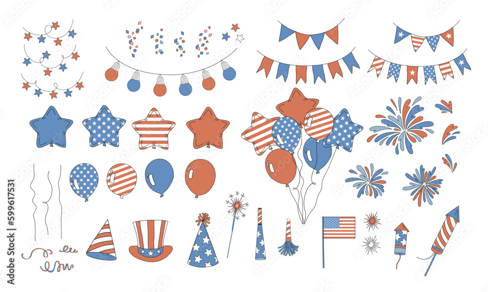 Patriotic USA Day festal vector clip-art set isolated on white. American flag, balloons, banners, fireworks, hat, confetti illustration collection. USA party design element.