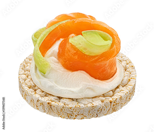 Puffed rice cake with smoked salmon isolated on white background photo