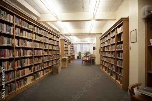 interior of library, with shelves and books in view, providing a calm and peaceful environment, created with generative ai