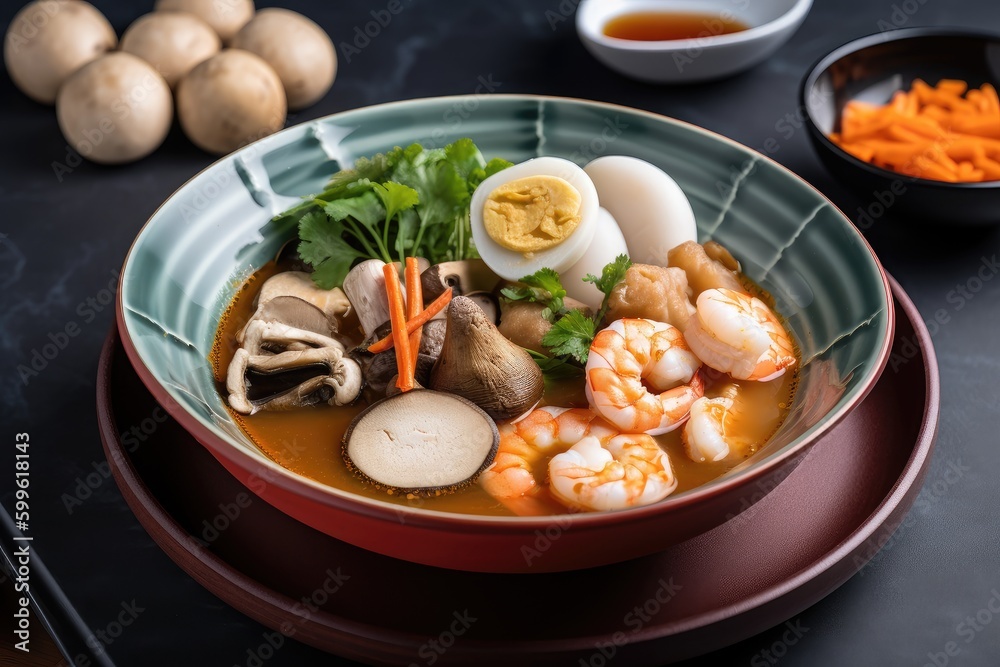 colorful plate of tom yum with shrimp, fish balls and mushrooms, created with generative ai