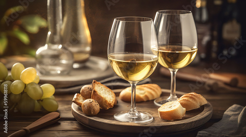 Two wine glasses of vintage chardonnay with delicious appetizers. Couple of glasses of white wine  italian breadsticks  figs and grapes. Interior background. AI Generative