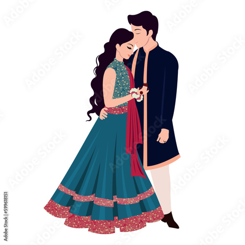 Fototapeta Naklejka Na Ścianę i Meble -  Vector vector cute indian couple cartoon in traditional dress posing for wedding invitation card design