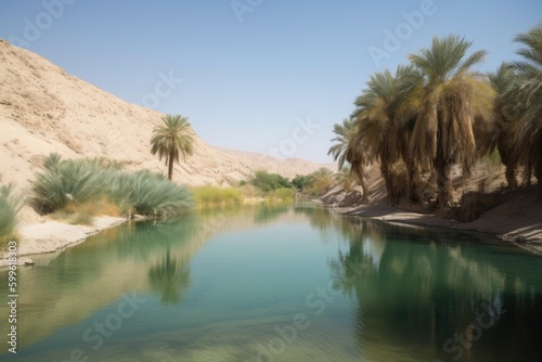 oasis with palm trees and crystal clear water in the middle of desert, created with generative ai